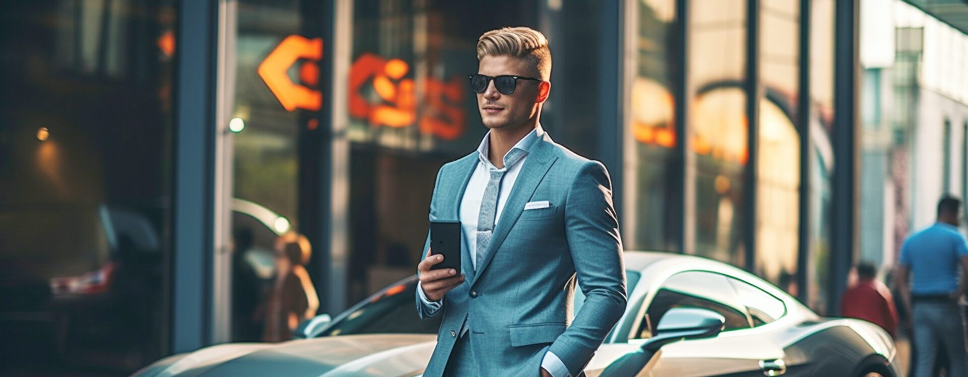 A with a fixed receding hairline in front of a car