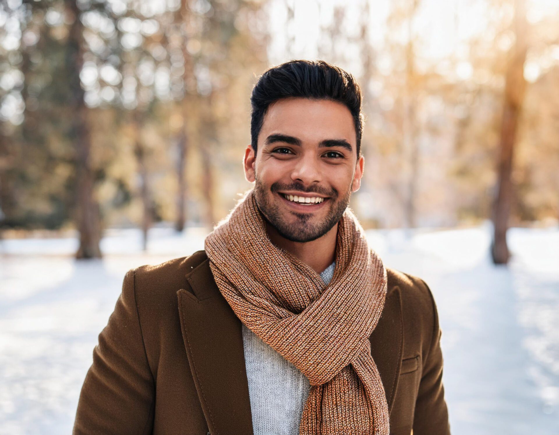 Winter Portrait of Happy Handsome Man Smiling in Cold Weather